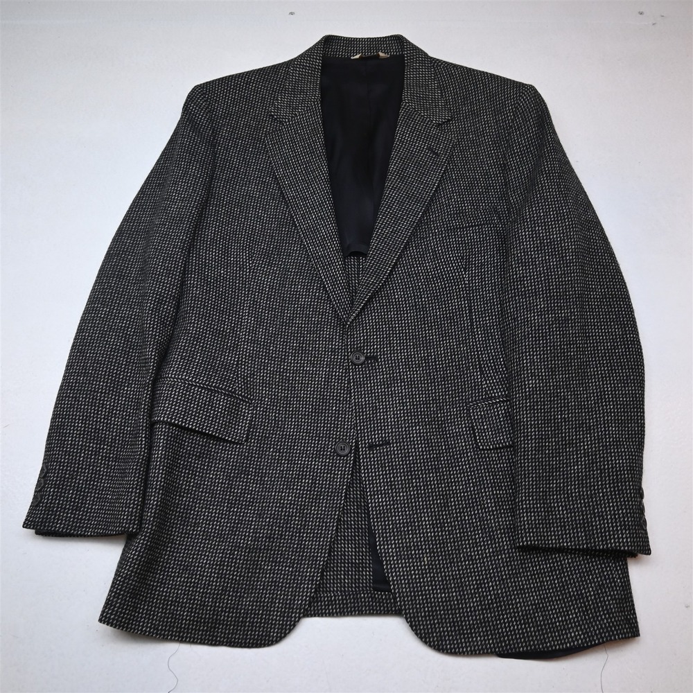 Vtg USA Made 44L Black Nailshead Wool Tweed Mens Blazer Suit Jacket Sport Coat